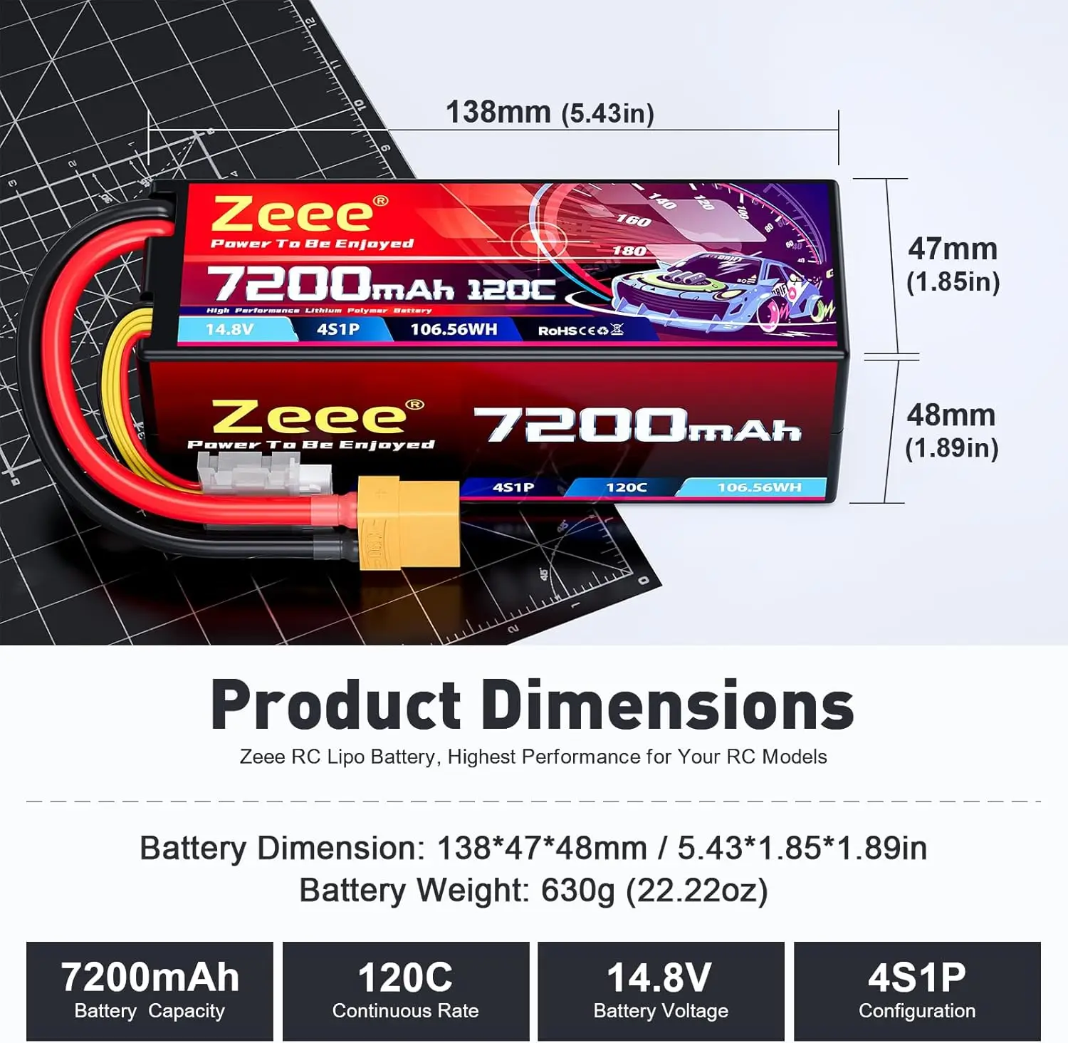 Zeee 4S Lipo Battery 7200mAh 14.8V 120C Hard Case RC Battery with XT90 Plug for 1/8 Buggy RC Car Truck RC Truggy Racing Models
