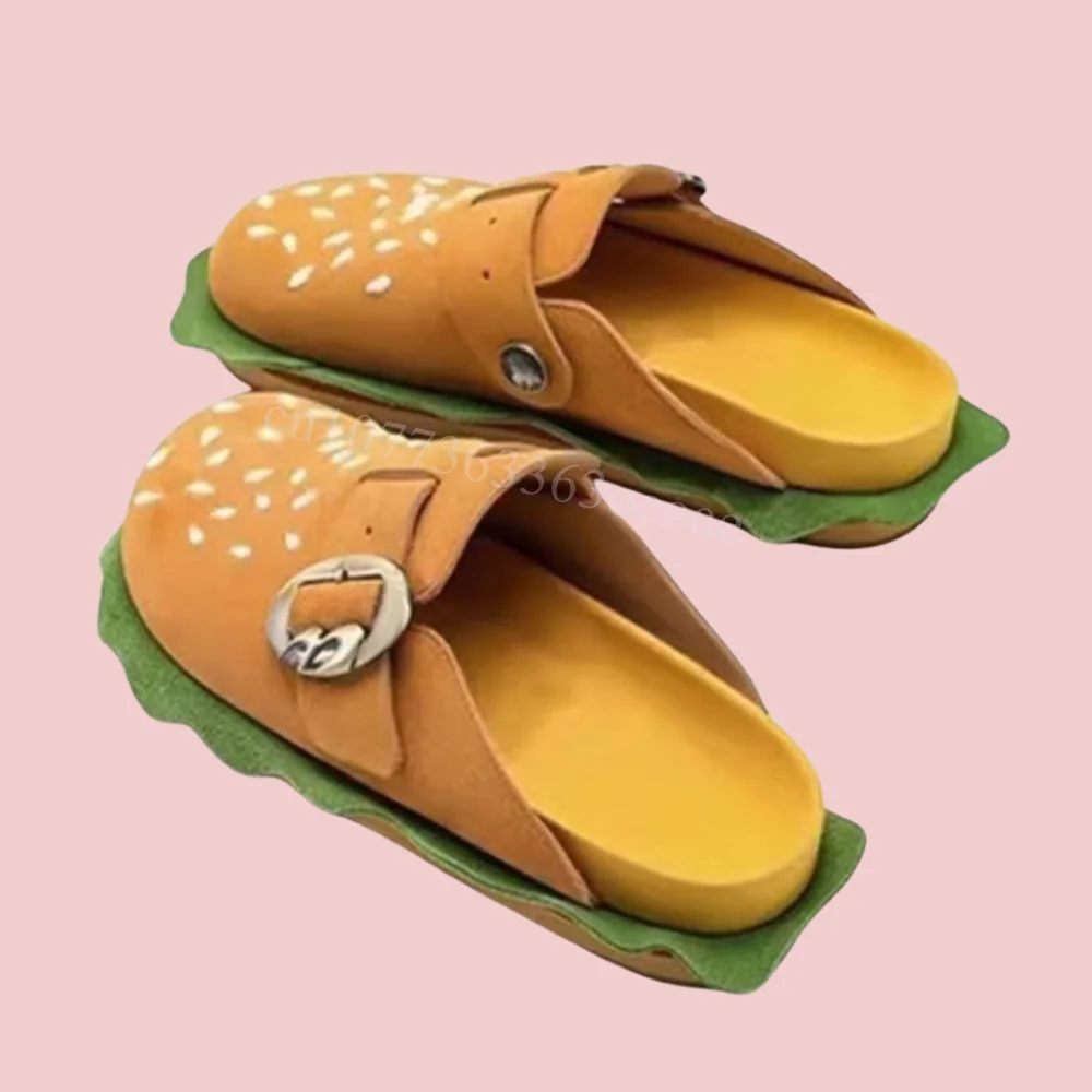 Strange Style Hamburger Slippers Suede Flat Funny Shoes for Women Buckle Belt Decor Fashion Shoes 2024 Zapatos Para Mujere