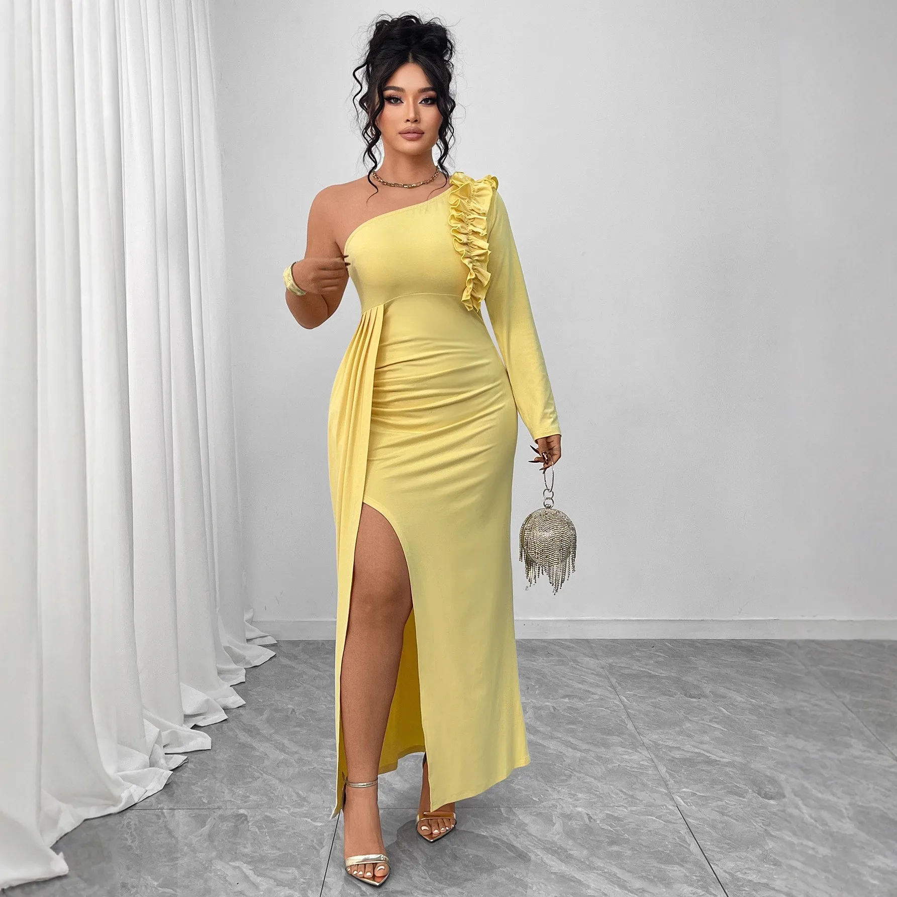Elegant Party Dress Off Shoulder Ruffle Wedding Guest Dresses Solid Yellow Evening Dress High Slit Maxi Long Sleeve Banquet Prom