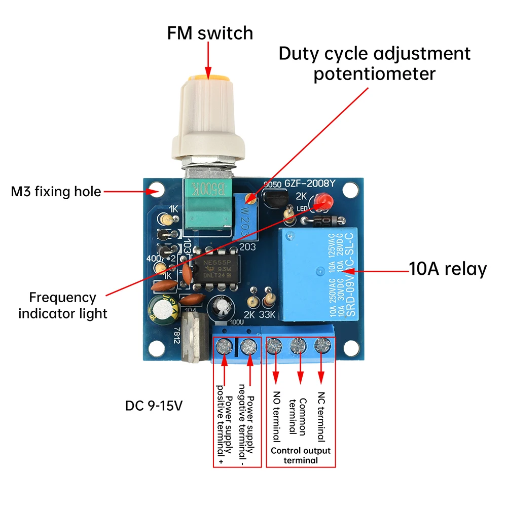 1-8HZ Adjustable Frequency Switch Relay 9-15V 10A Frequency Mixing Flash Motor Forward and Reverse Rotation Duty Cycle Control