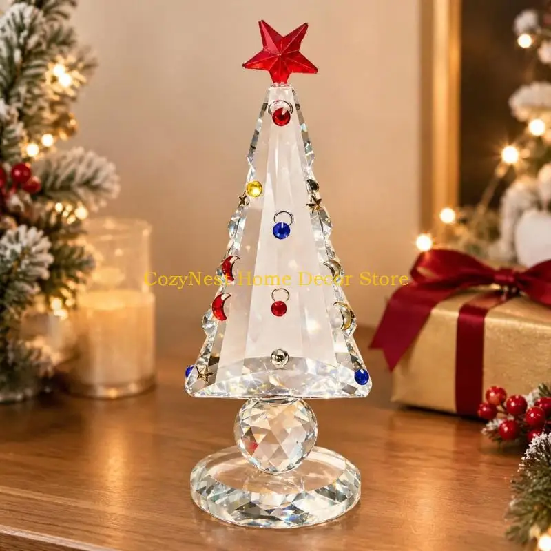 92MF Crystal Christmas Tree Figurine Holiday Table Centerpieces with Faceted Finish, Colorful Ornamentation, Five-Point Star,