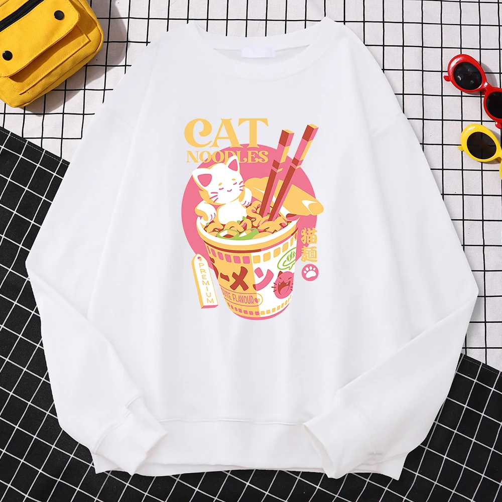 Simple Trend Womens Sweatshirts Japanese Cat Noodles Premium Print Hoodies Fleece Soft Pullovers Loose Warm Female Sportswears