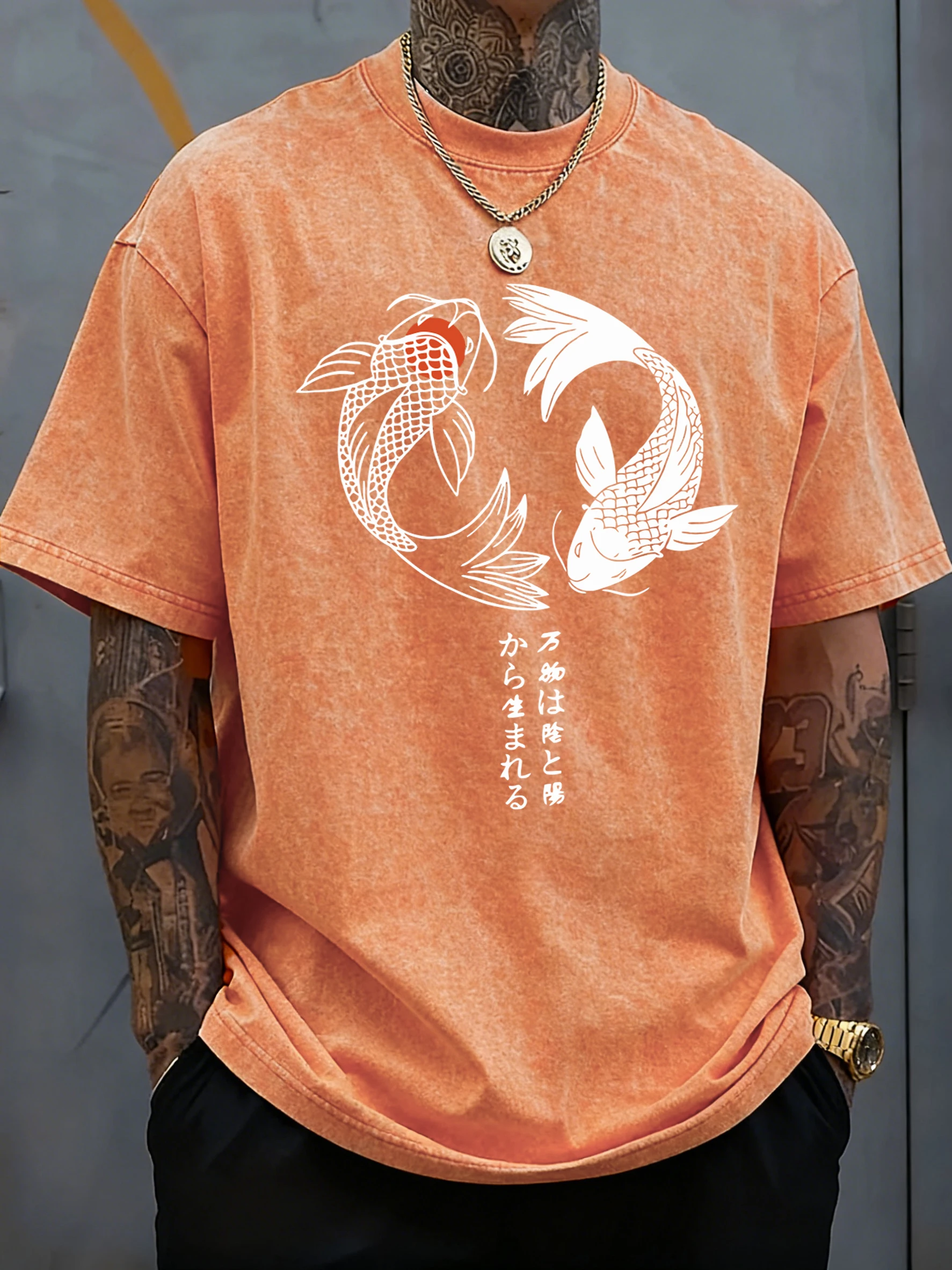 Japanische Koi Harajuku Illustration Druck Gewaschen T Shirt Männer Sommer Casual T-Shirt Atmungsaktive Soft Top Hip Hop Lose Kurzarm