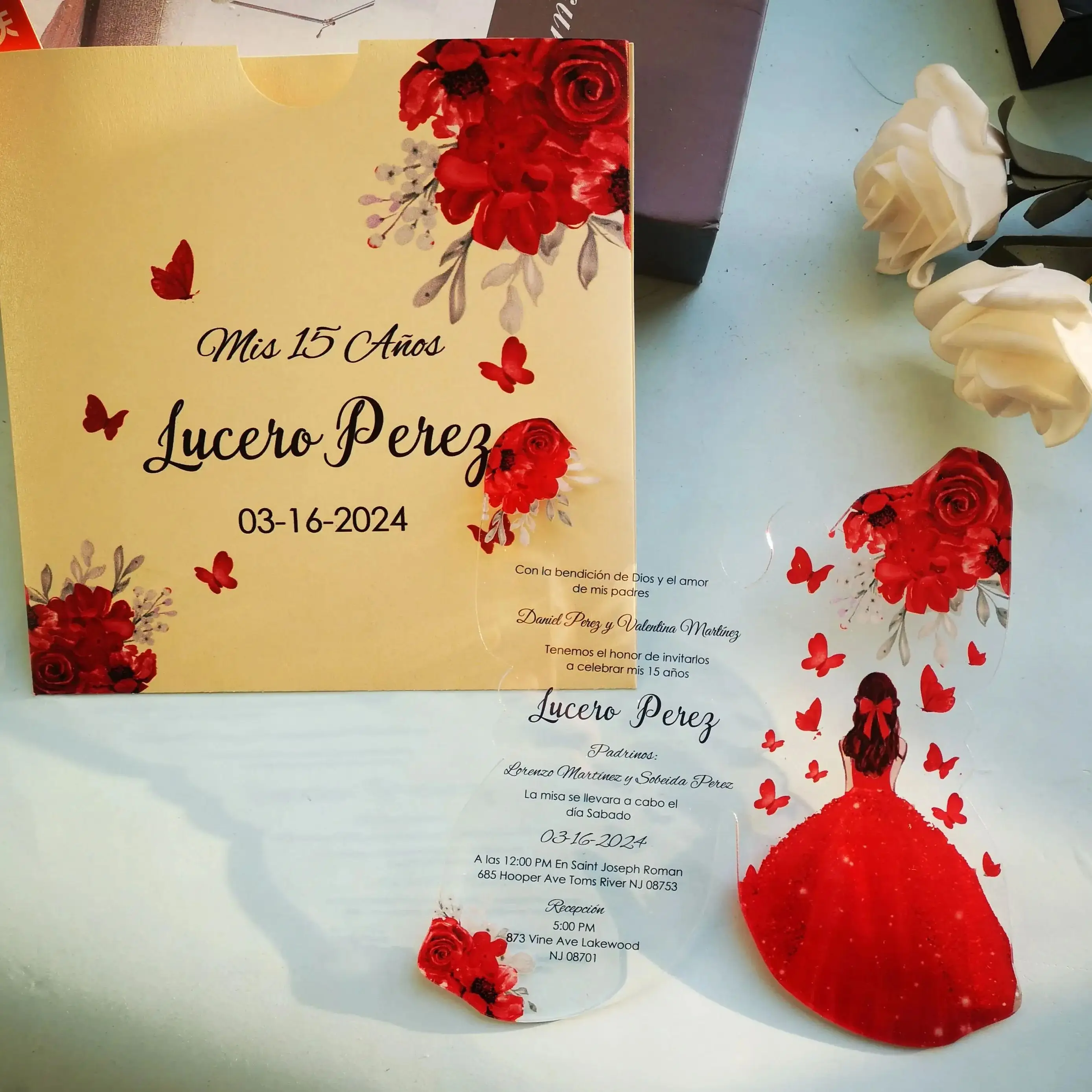 

Transparent Custom Acrylic Invitation Cards,red Butterfly, Girl's Quinceanera Party, Bar Mitzvah, 15 Years Birthday, 10Pcs