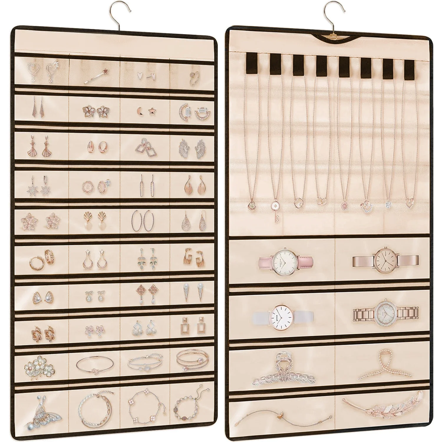 

Подвесной органайзер для хранения ювелирных изделий в рулоне с вешалкой, двусторонний держатель для ювелирных изделий для серег, ожерелий, колец, шкафа