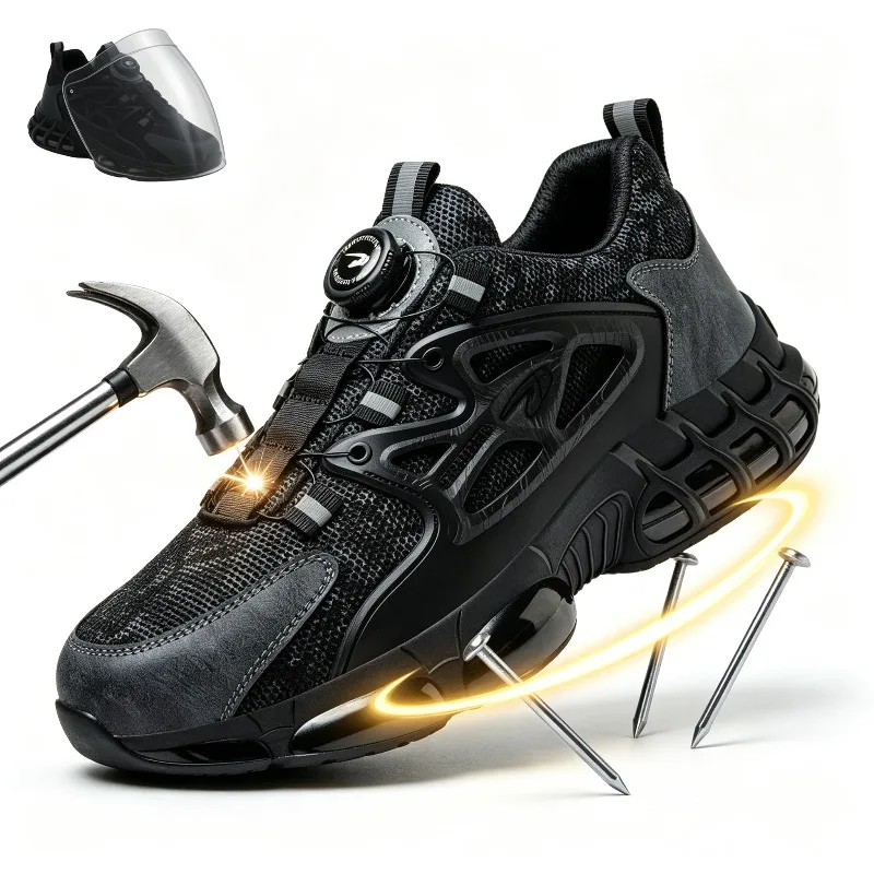 Winter New Safety Shoes Men Steel Toe Puncture Proof Rotating Button Air Work Shoes Indestructible Construction Boots Plus Size
