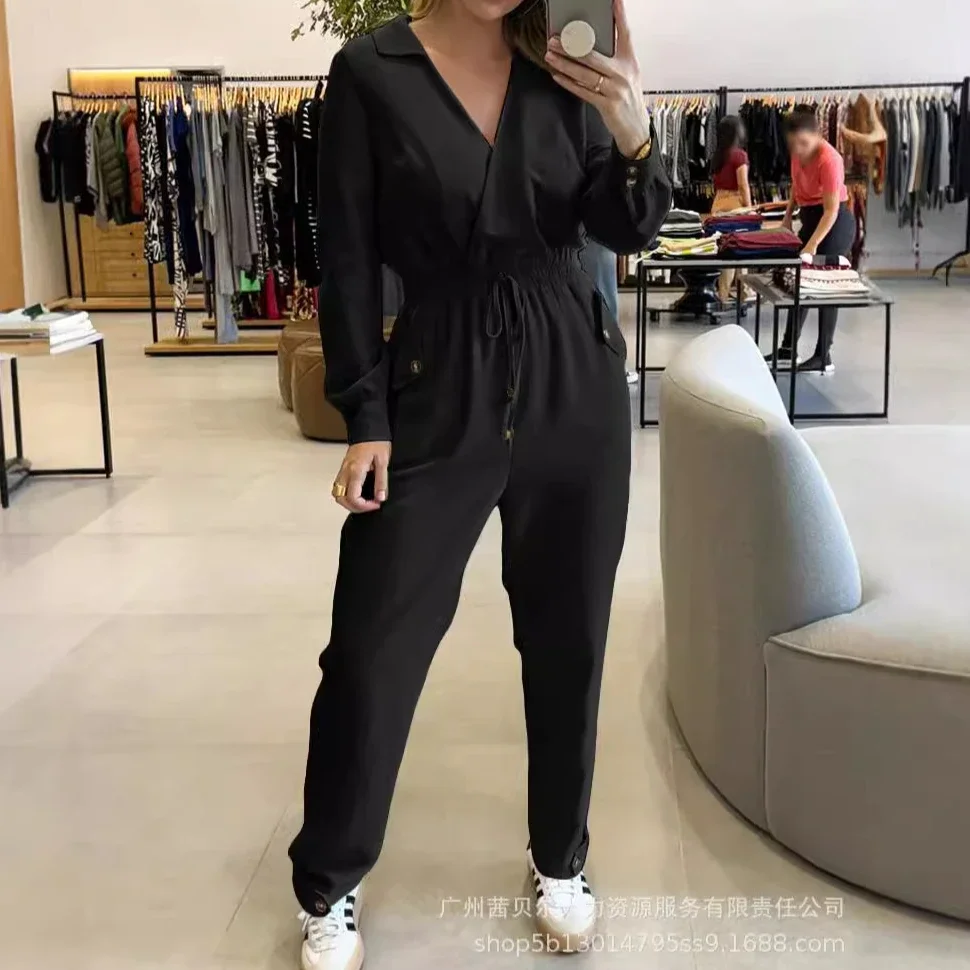 V-neck Drawstring Waist Jumpsuits Women One Piece High Waist Overalls Long Pants Work Elegant Splice Rompers Spring Autumn