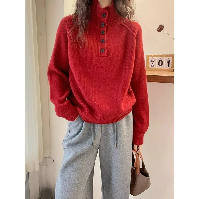 

French Button Design High-neck T-shirt 2026 Autumn/Winter New Versatile Base Layer Soft Stylish Knitted Sweater for Ladies