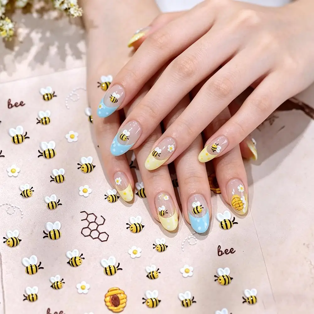 1/2Pcs 5D Embossed Cute Bee Ladybug Daisy Nail Stickers White Flower Insect Self-Adhesive Nails Decals Spring Manicure Sliders n