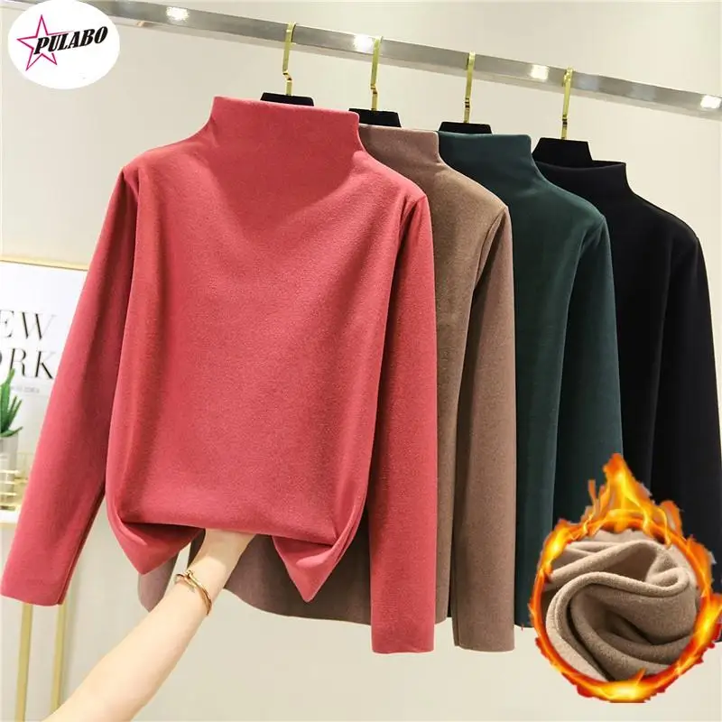 PULABO Double-Side Wear Half-Collar Shirt Female Autumn Winter Brushed Thick Bottom Shirt Warm Inner Velvet Long-Sleeve T shirt