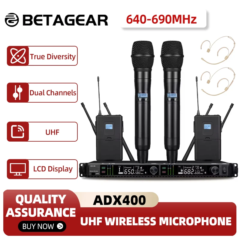 Betagear ADX400 Ture Diversity Wireless Mic System Profesional Stage Audio Dual Digital Mikrafon Handheld Mic UHF Wireless Mic