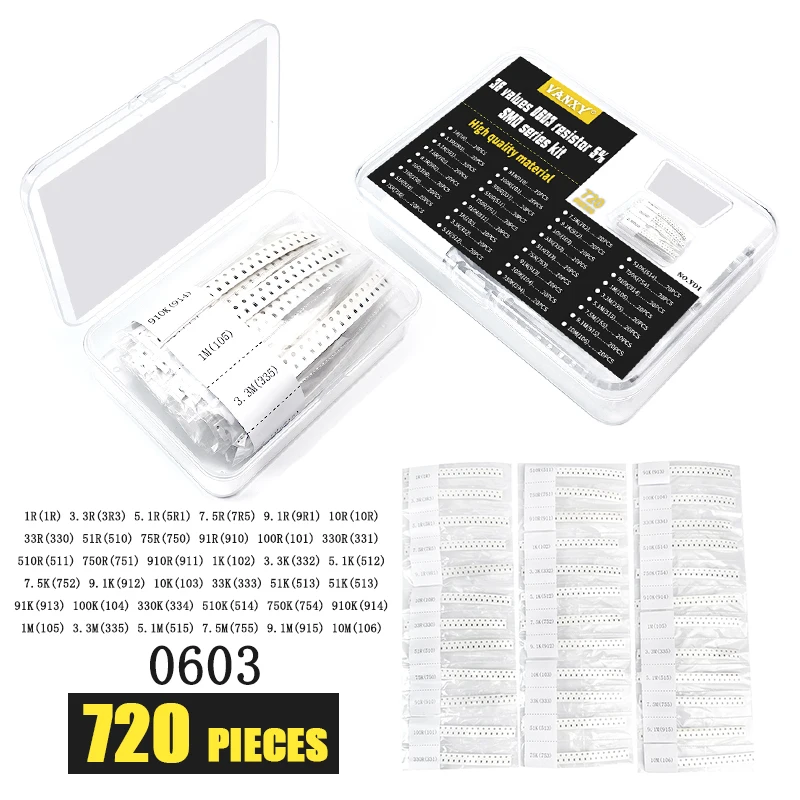 36 values kit 0603 5% chip resistor 1R~10M 1 3.3 5.1 10 33 100 330 510 1K 3.3K 5.1K 10K 33K 51K 91K 100K 330K 510K 1M 10M R ohm