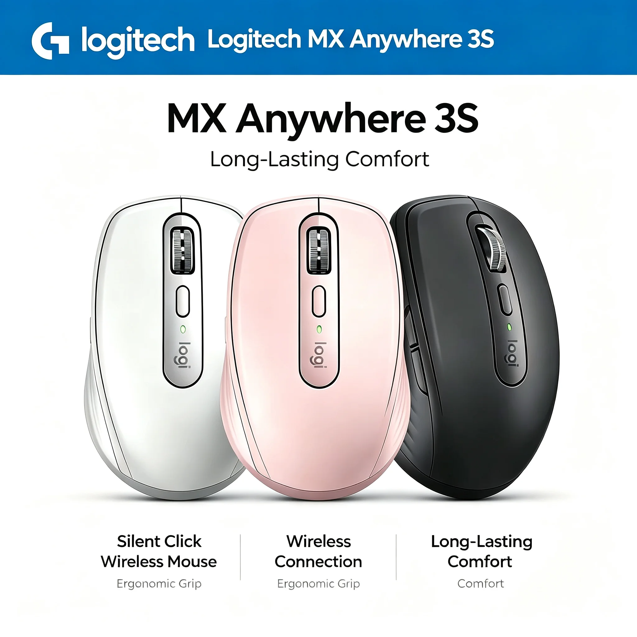 Logitech MX Anywhere 3S Wireless Computer Mice, Cross Device Control, Silent Click, Portable Ergonomic Mouse