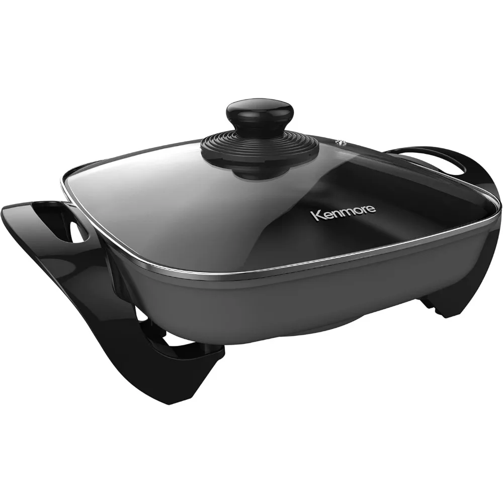 Non-Stick Electric Skillet with Tempered Glass Lid,Black and Grey,Deep-Dish Frying Pan,12