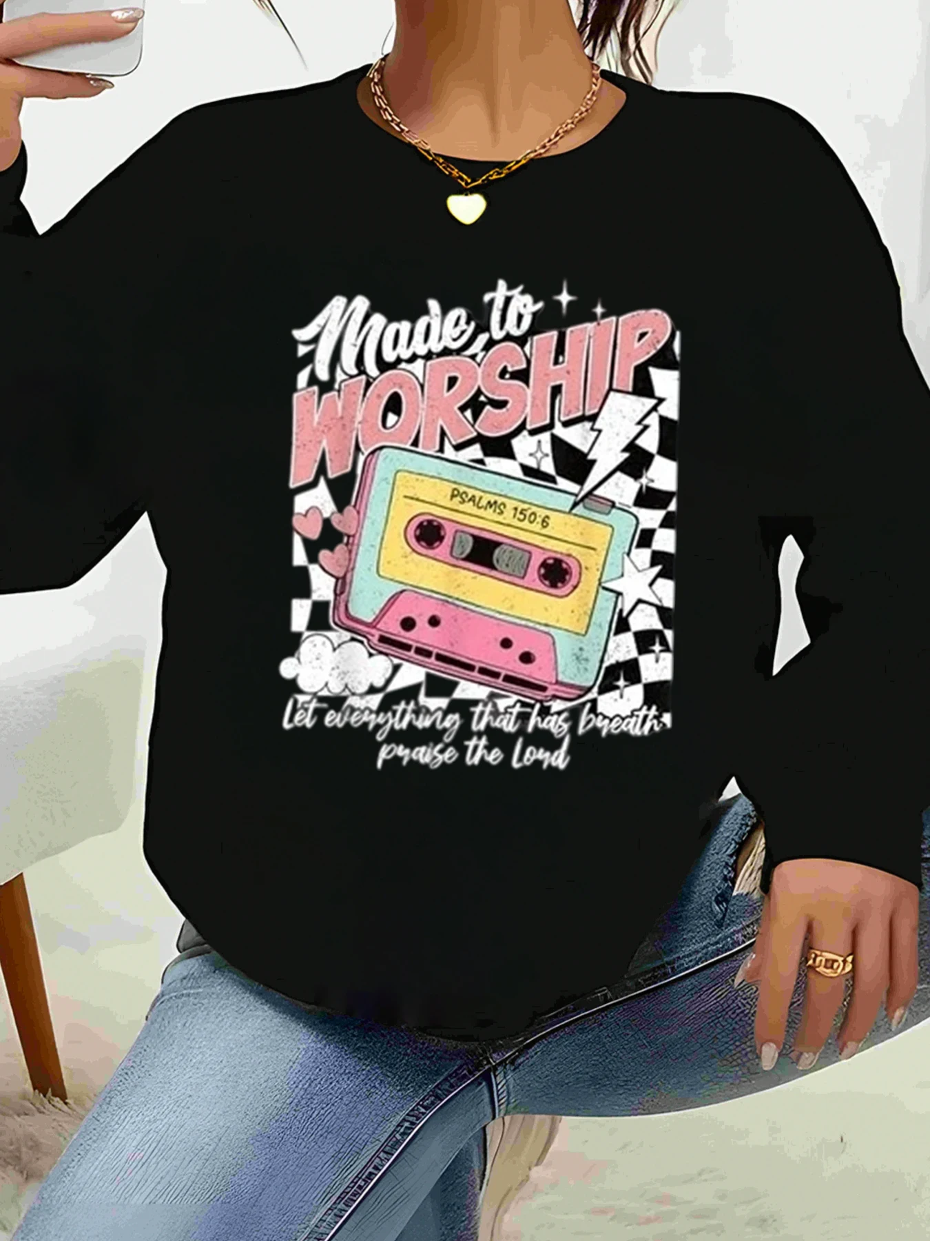 

Сделано для поклонения, кассетная лента с принтом, топ с длинными рукавами, христианская вера, повседневная одежда, женский повседневный наряд