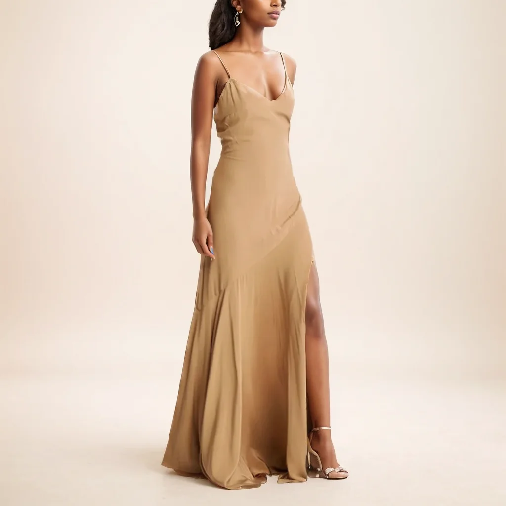 Ruffle Cloak long V-neck Spaghetti Straps Low Back Long Formal Evening Dress Apricot