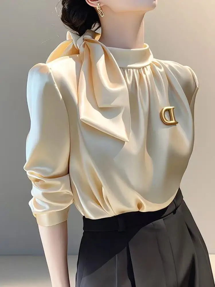 

Темпераментная повязка, свободная блузка, новинка весны, плиссированная однотонная рубашка высокого качества с длинными рукавами, топ, элегантная модная женская одежда