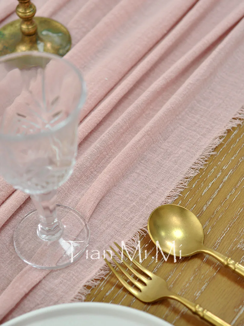 Pure Cotton Table Runner Dust Pink Rustic Gauze Cloth Dining Retro Burr Texture Vintage Wedding Party Linen Christmas Decoration