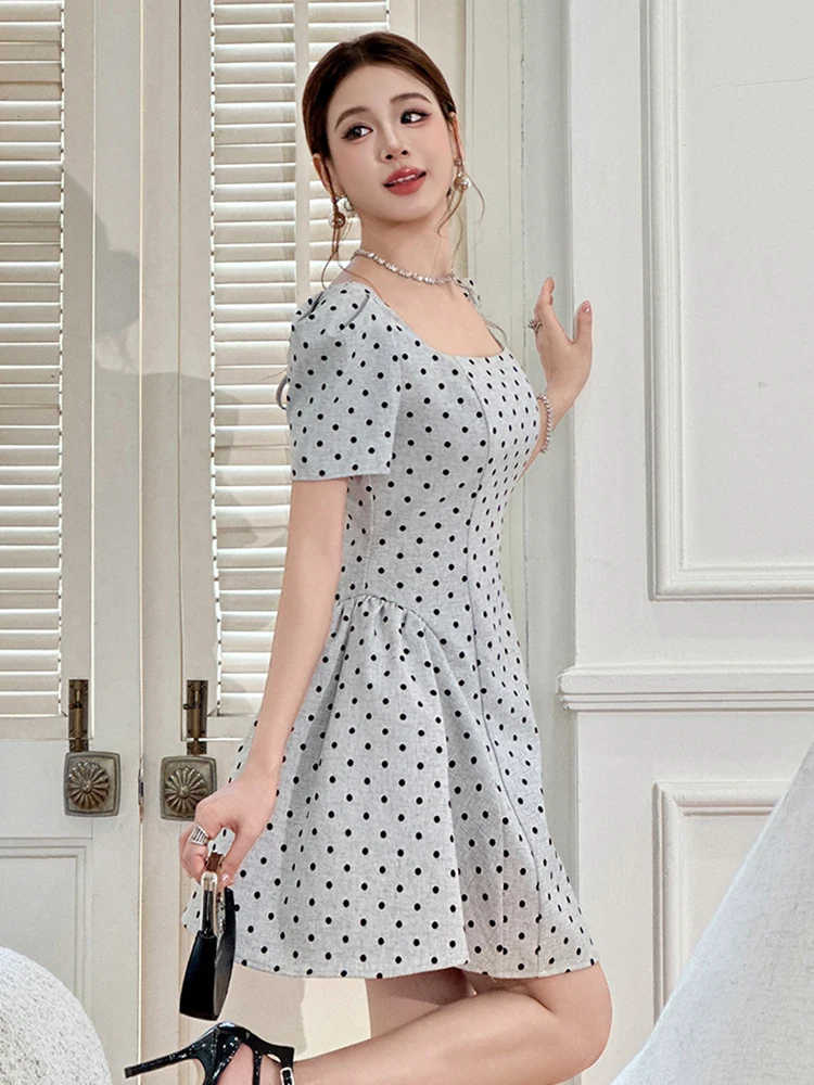 Mulheres roupas de rua retro dot print quadrado pescoço fino a linha mini vestido curto elegante senhora festa baile aniversário vestidos moda