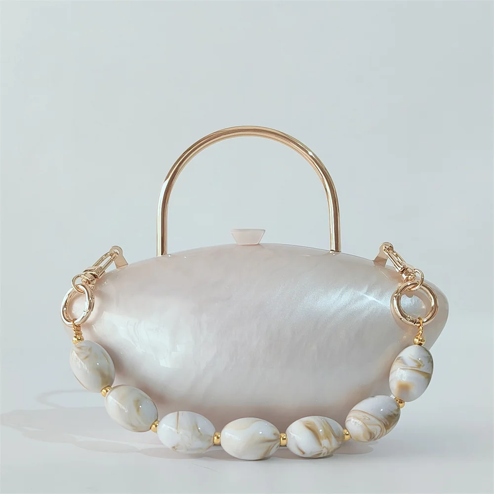 

Beadede Shell Top Metal Handles New Women's Acrylic Evening Bag Cross-Border Single Shoulder Wedding Beach Hobos Female Handbag