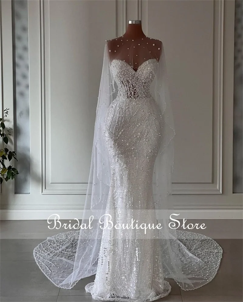 

Luxury Pearls Dubai Mermaid Wedding Dress 2023 With Cape Sweetheart Beading Crystals Bridal Gown Vestido De Noiva Customized