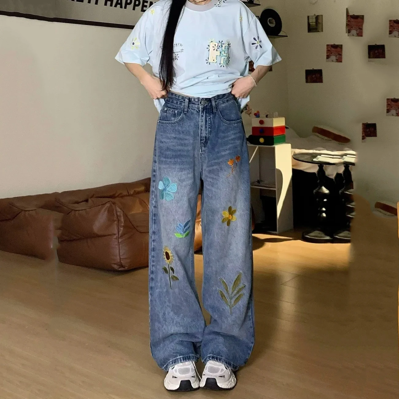 Women's Flower Petal Embroidery Pattern Blue Jeans Trousers Cool Girl Casual Bottoms Female High Waist Wide Leg Denim Pant