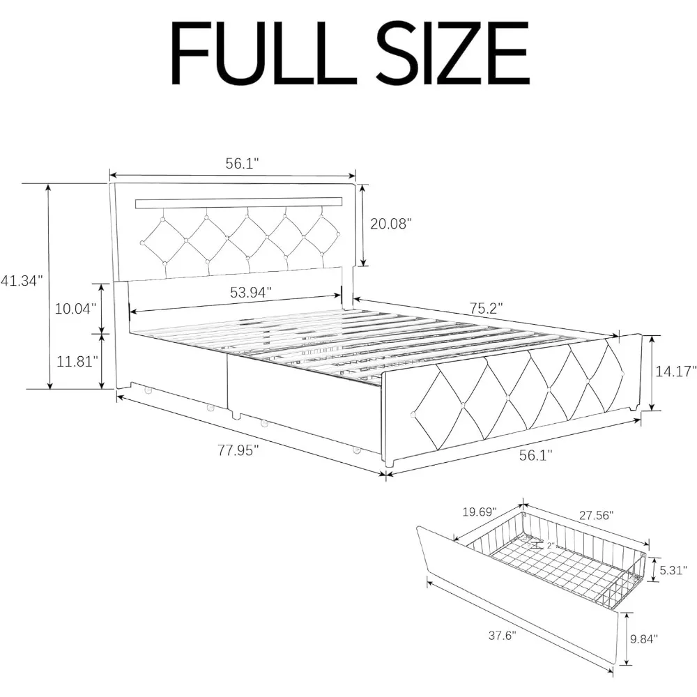 Upholstered Bed Frame with 4 Drawers and LED Adjustable Headboard, Charge Station, Solid Wooden Slats Support,White Bed Bases.