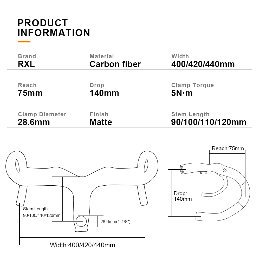 RXL SL-Integrated Carbon Bicycle Handlebar, Road Bike Bar, Race Bike Accessories, 28.6mm, 400mm, 420mm, 440mm