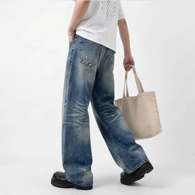 Fashion New Summer Men's Washed Vintage Blue Wide Leg Jeans American Style Paint Splatter Loose Straight Denim Pants 4WEX