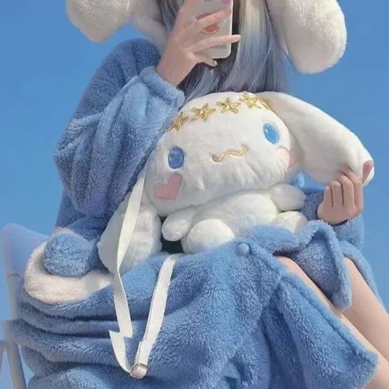 Sanrio New Autumn Winter New Bath Robe Kawaii Soft Girl Cinnamoroll Sleepwear Japanese Blue Home Hooded Pajamas Bathrobe Women