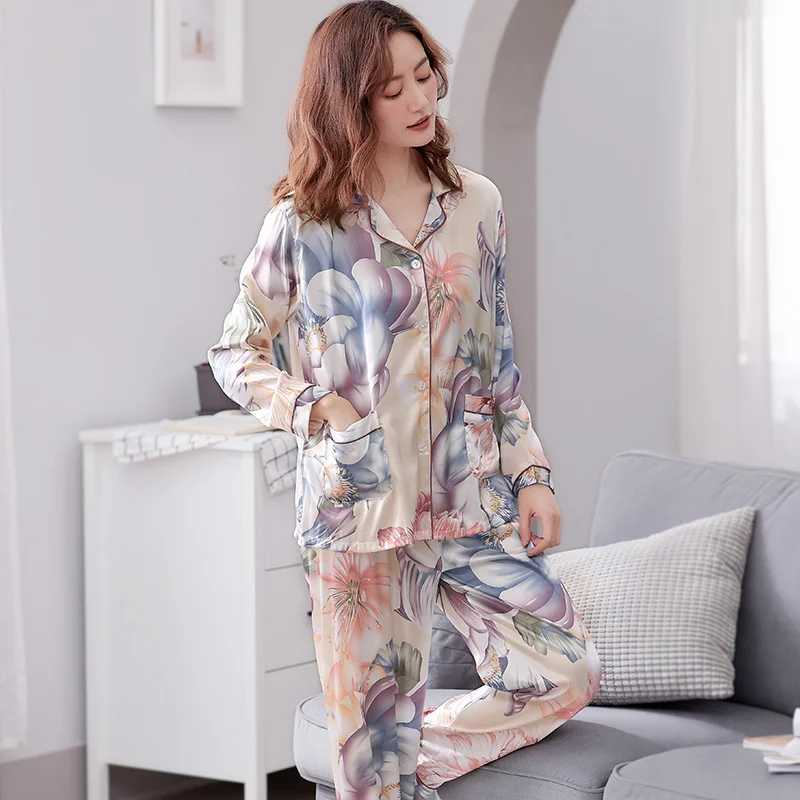 

Women's Elegant Flowers Pajamas Set Spring Long-Sleeve Tops + Long Pants Nightwear Home Wear Silk Satin Sleepwear For Female