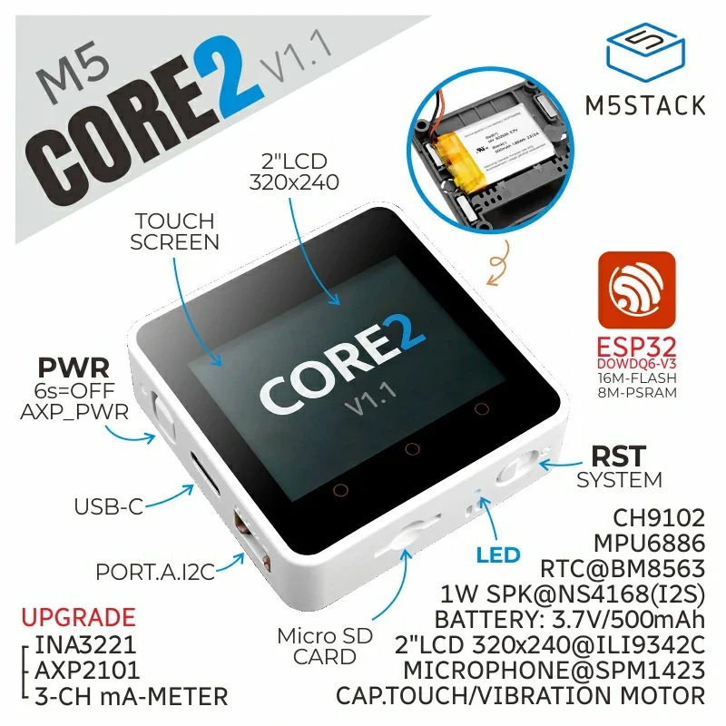 M5Stack Oficial Core2 ESP32 IoT Kit de Desenvolvimento V1.1 Controlador de Desenvolvimento de Programação Gráfica com Tela Sensível Ao Toque Bluetooth