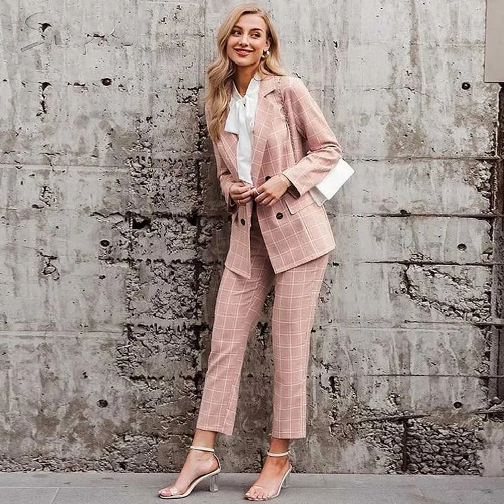 Pretty Pink Plaid Women's Suits Double Breasted 2 Piece Jacket Pants Female Clothing Slim Fit Office Lady Smart Blazers Sets