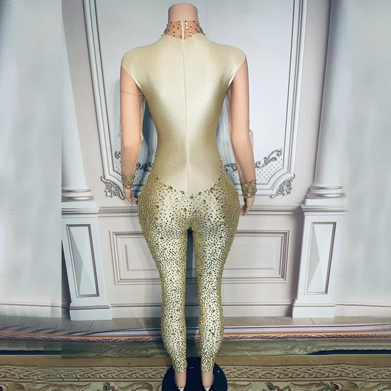 Combinaison luxueuse à strass, maille Sexy, justaucorps en cristal pour femmes, barboteuse de bal de soirée, tenue Rave, Costumes Drag Queen, XS5667