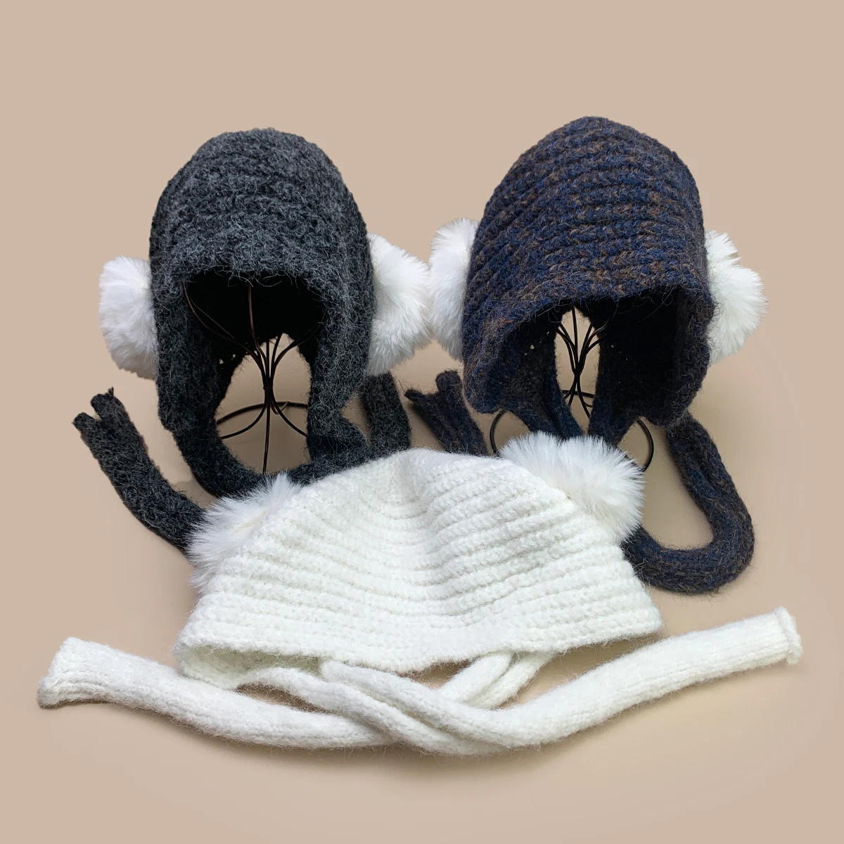 

Plush Round Ball Windproof Straps Solid Knitted Hats Outdoor New Women Warm Korean Fashion Simple Versatile Casual ins Beanies