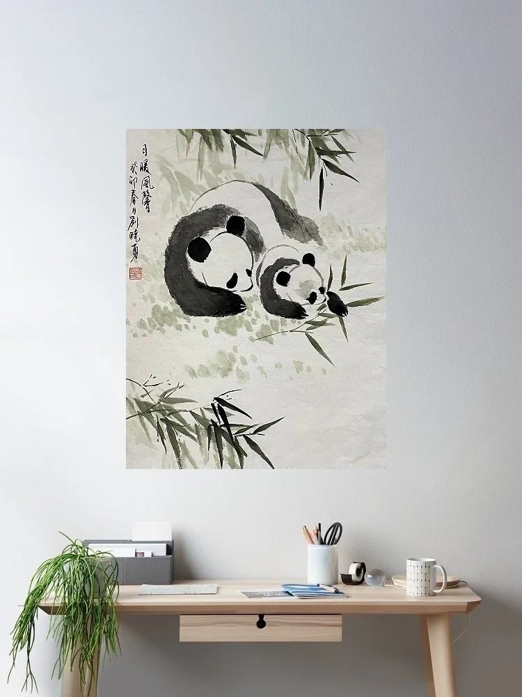 

Chinese Painting Pandas, Print Art Canvas Poster, For Living Room Decor, Home Wall Picture