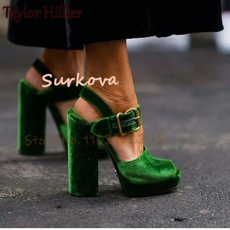 Velvet Open Toe High Heels Green Chunky Heel Platform Sandals Elegant Belt Buckle Sandals Fashion Dress Formal Shoes Women 46