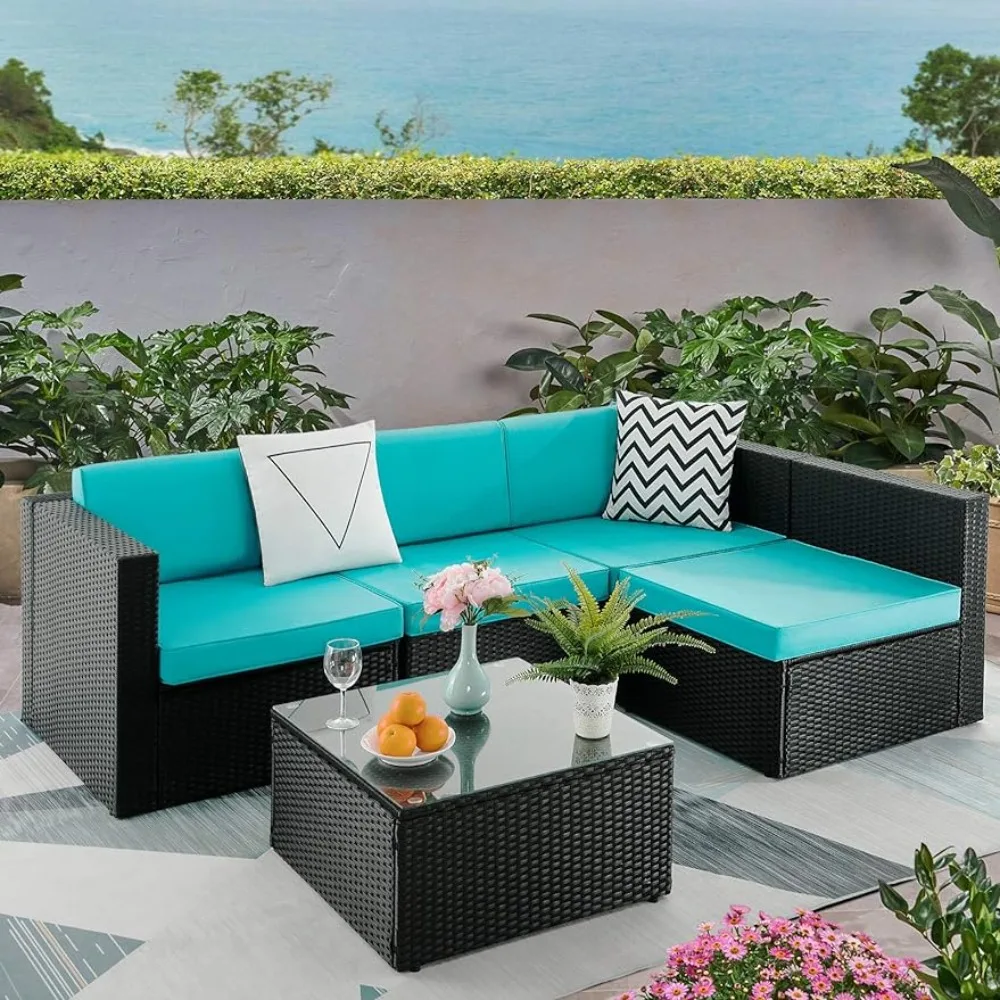 Outdoor Furniture Set of 5 Pieces, Rattan Couch Dining Table & Table,Outdoor Furniture Set