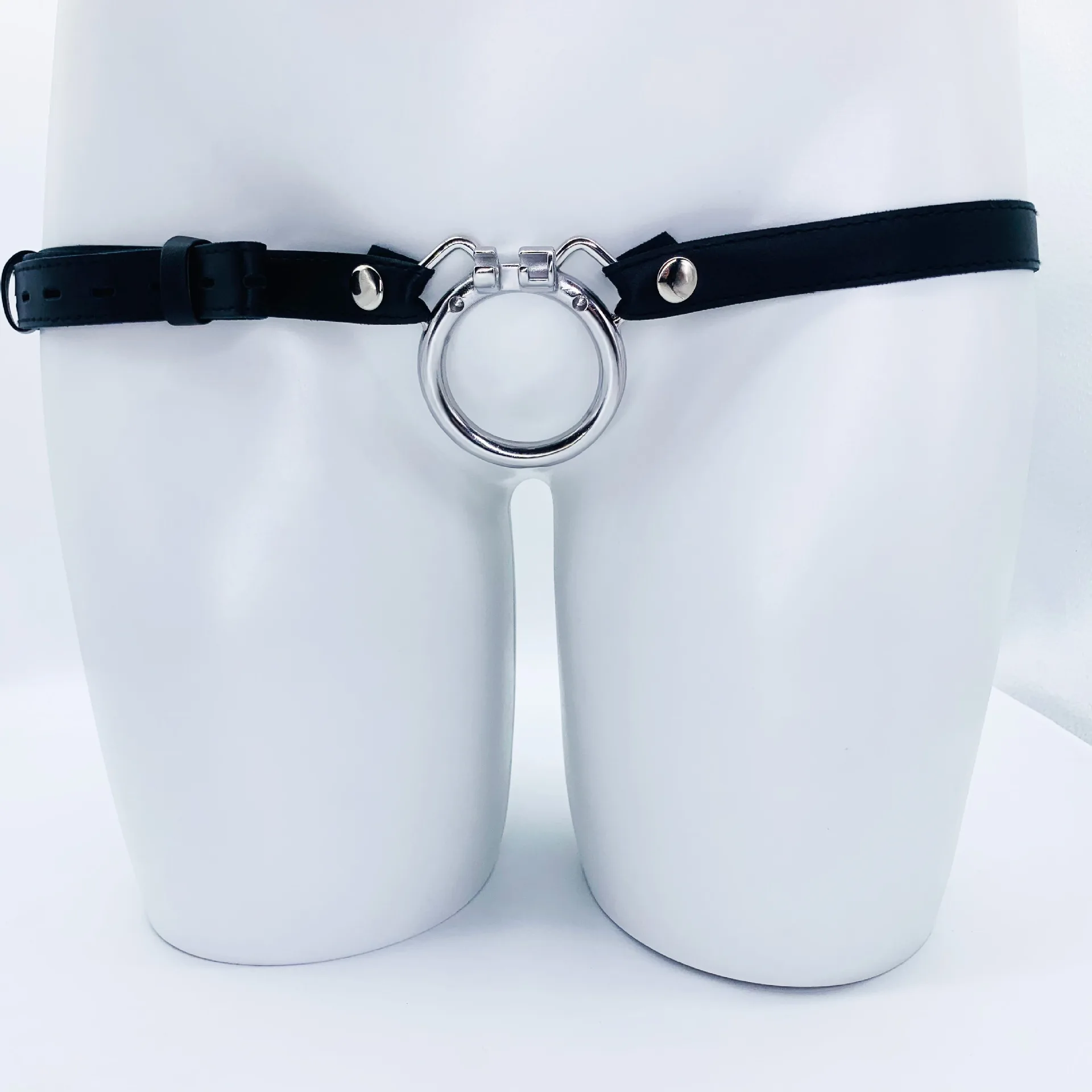 Chastity Belt Stainless Steel Cock Ring with Two Ears & PU Strap Belt for Matching Chastity Cage that Uses Built-in Lock System