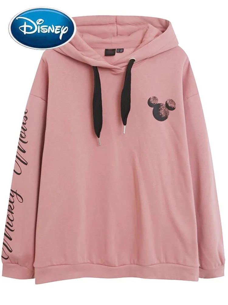 

Disney Sweatshirt Mickey Mouse Letter Cartoon Print Fashion Women Long Sleeve Hooded Pullover Fleece Jumper Tops Pink Streetwear