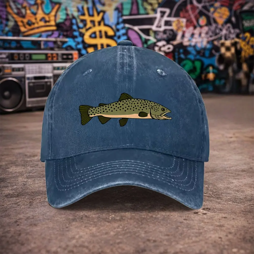 Brown Trout Print Vintage Washed Baseball Cap Fishing Cowboy Sun Hats Hip Hop Mens Snapback Cap