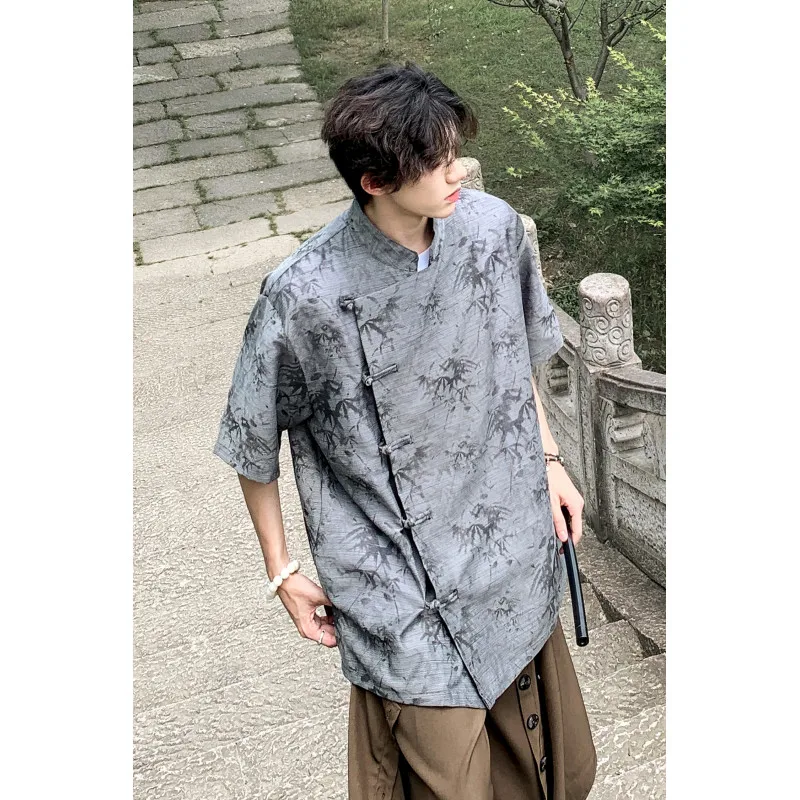 M-5XL Plus Size Men\'s Kung Fu Shirt Chinese Type Traditional Tang Suit Tai Chi Blouse Short Sleeve Shirts Summer Streetwear Top