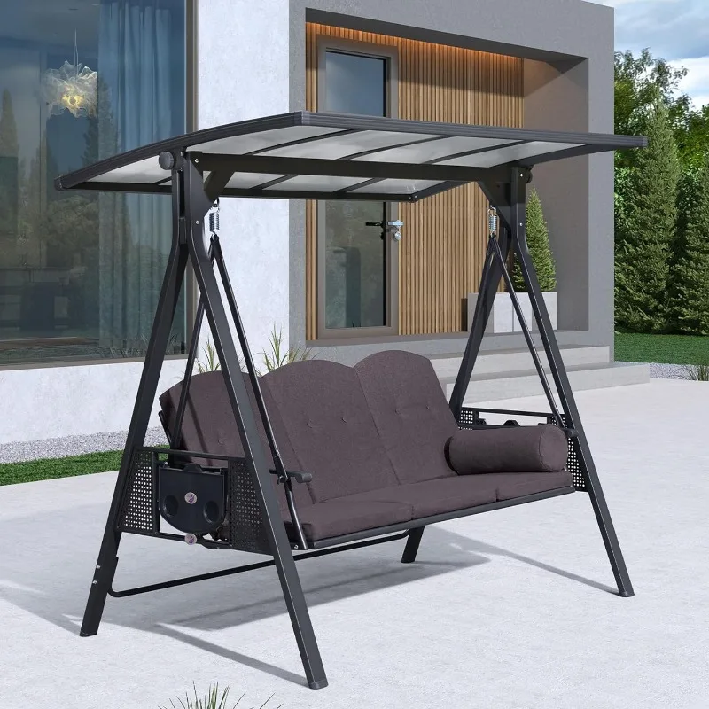 

Outdoor Patio Porch Swing with Adjustable PVC Canopy, 3-seat Swing Chair Bench with Side Cup Holder, Cushions and Pillow