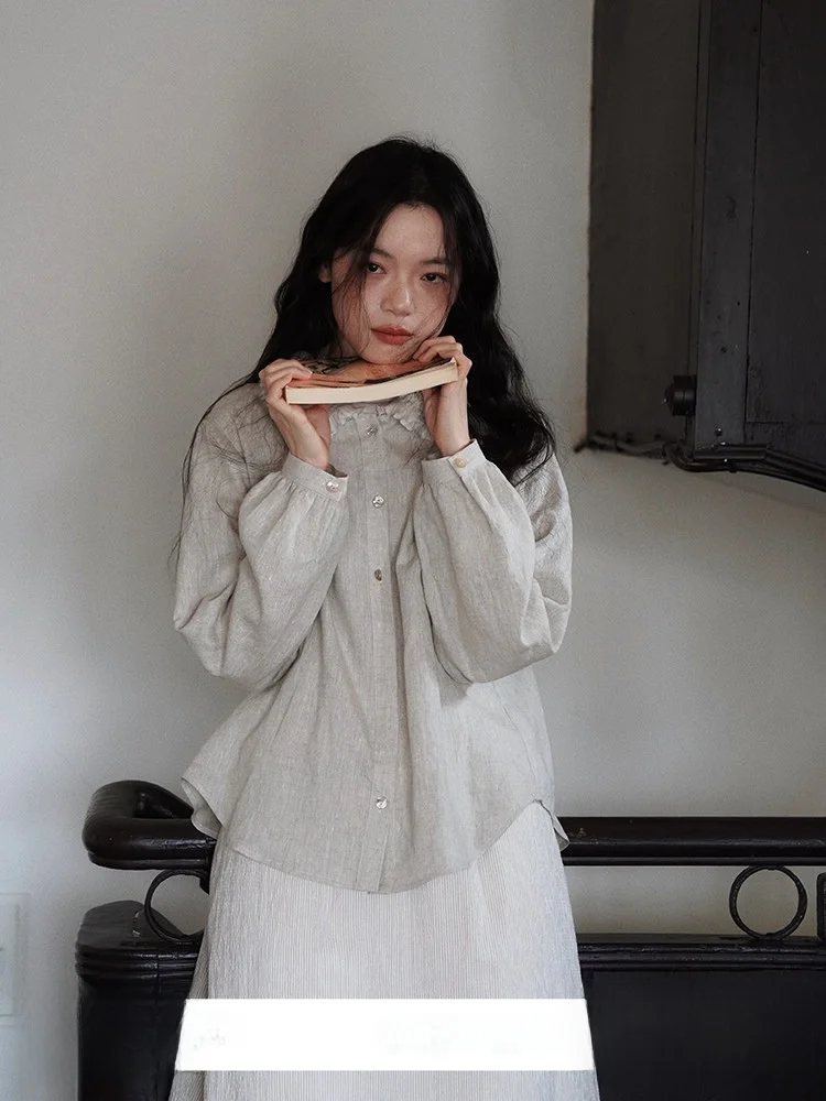 

Женская осенне-зимняя блузка с длинным рукавом «шесть в одном» с цветочным принтом, воротником-стойкой и цветовыми блоками из льняной ткани цвета античного риса