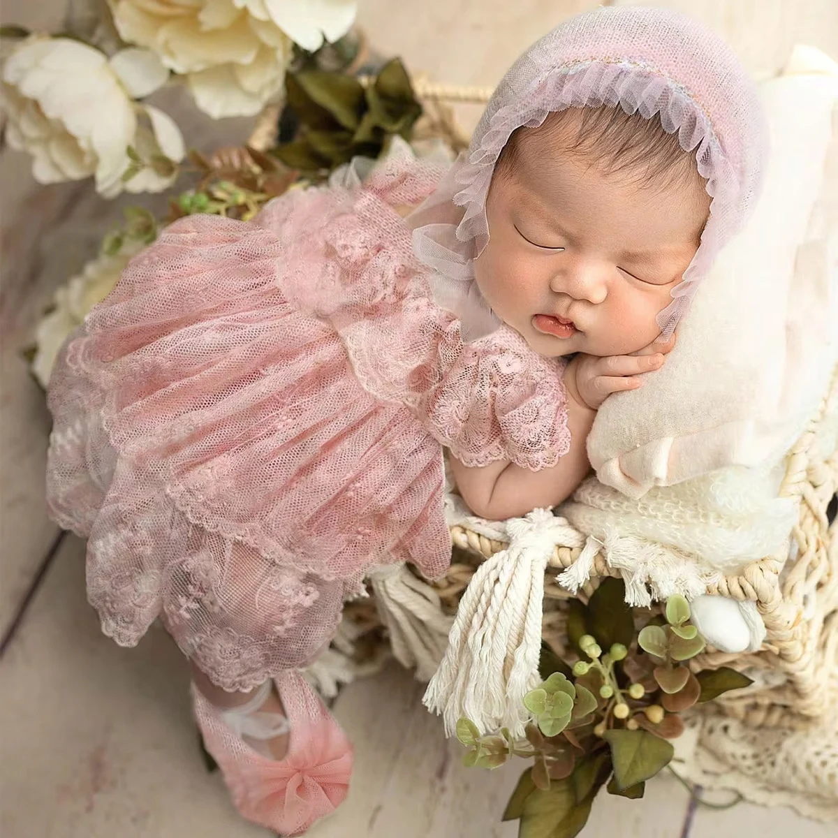 Ylsteed Newborn Girl Photography Outfits(Romper+Hat+Shoes) Baby Lace Romper with Match Hat and Mini Shoes Infant Posing Props