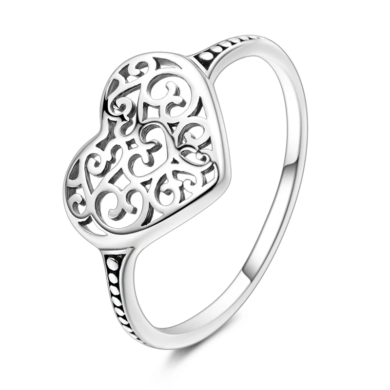 Original 925 Sterling Silver Sparkling Heart-shaped Openwork Ring For Women Girls Jewelry Birthday Anniversary Gifts