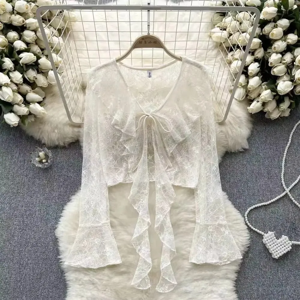 Summer Sweet Women Sun Protection Blouse Fashionable Bell Sleeve Lace Sheer Cardigan Tops Korean Elegant Ruffled V Neck Shirt