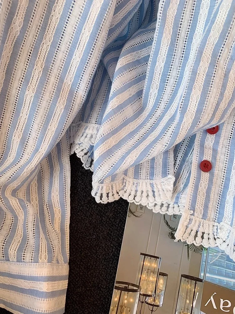 Schicker, süßer Spitzenbesatz, gestreift, lässig, Ne irt Damen, Frühling, Sommer, Design, Sensation, lockere Passform, lang, Sve, Knopfleiste