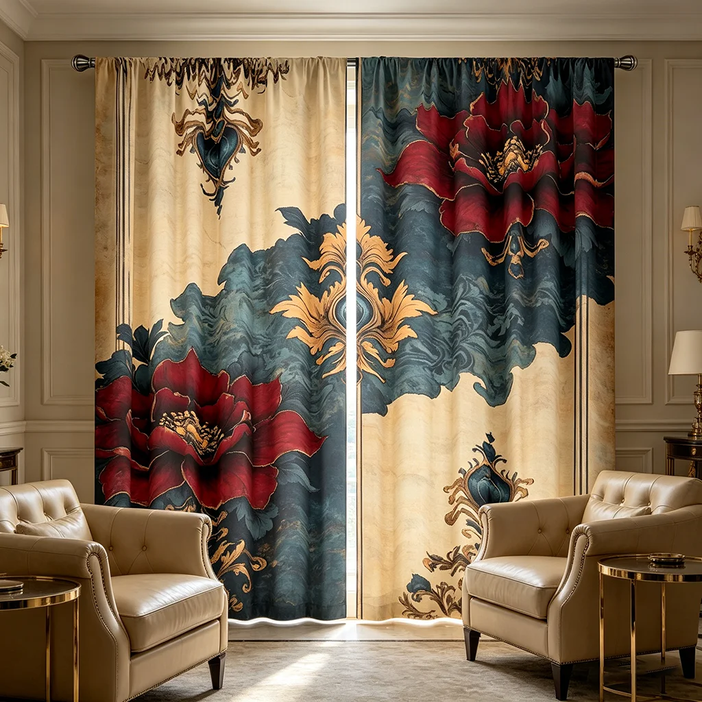 2 Stück Tiefrote Pfingstrosen-Druckvorhänge im Vintage-Barock-Stil, Blumenmuster-Fensterdekoration für die Heimdekoration
