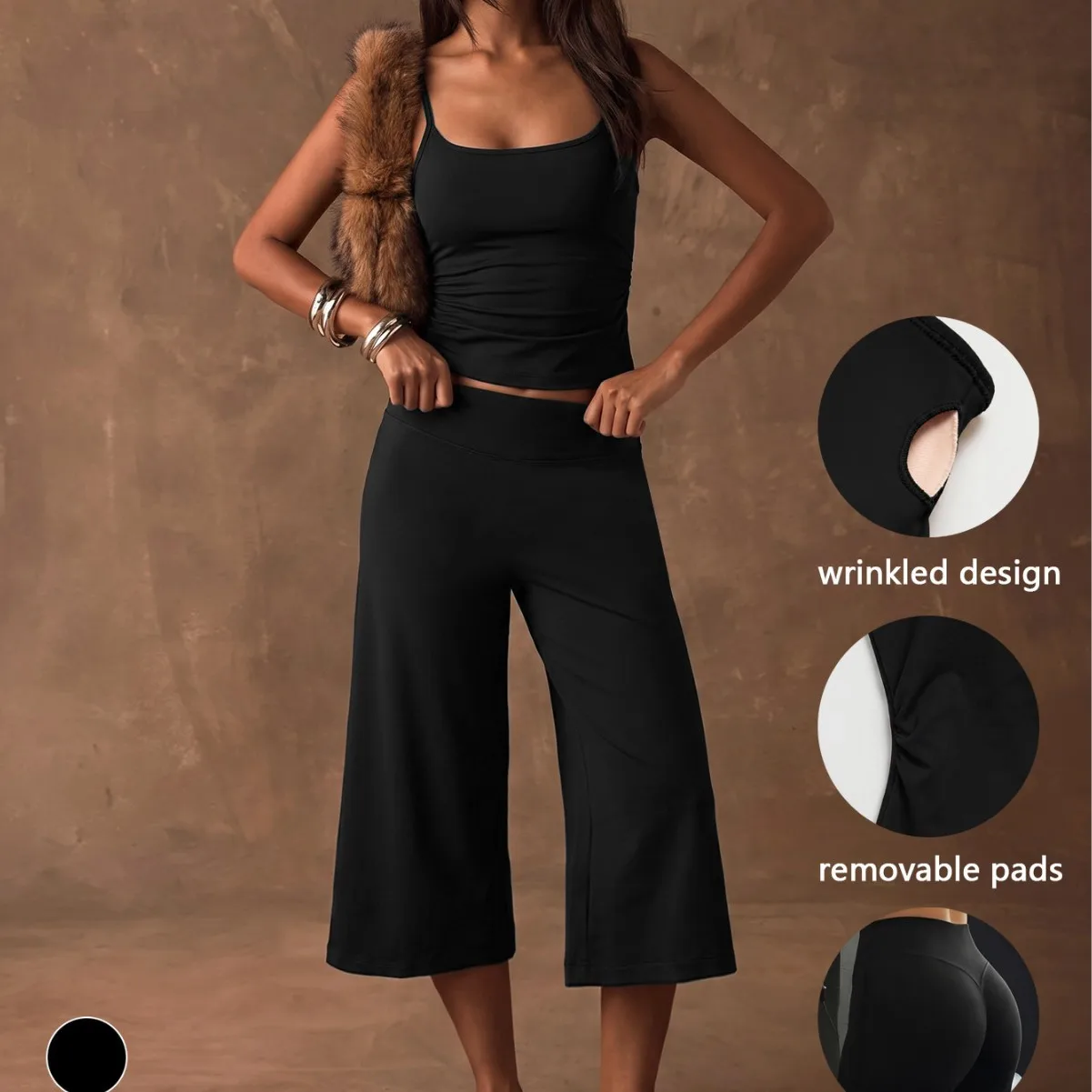 Women Yoga Sets Fitness Sportswear Black Spaghetti Strap Ruched Removable Pads High Waist Cropped Wide Leg 2 Pieces Leggings